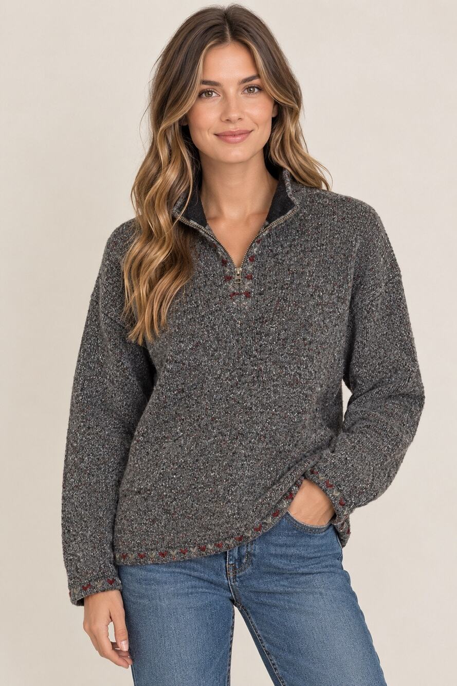 Woolrich Quarter Zip Knit Sweater Charcoal Heather Fleece Collar Womens M